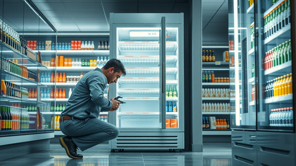 Technician repairing store fridge, fast commercial refrigeration service Charlottesville VA
