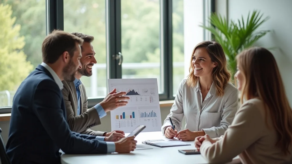 Marketing professionals presenting strategy to small business owner in a modern meeting room