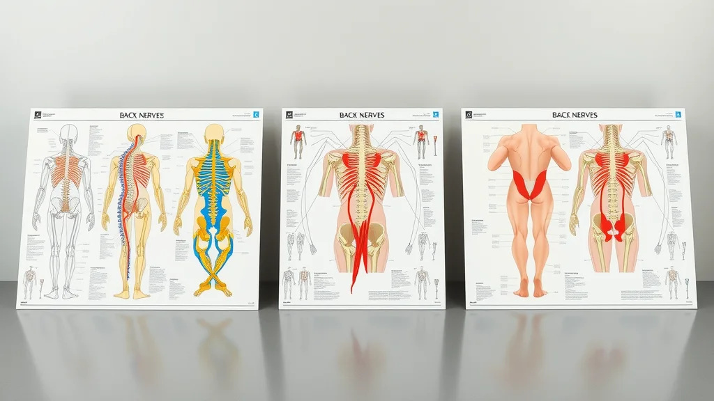 Side-by-side comparison of classic, minimalist, and photorealistic back nerves charts on neutral table for evaluating differences in chart features and design for spinal nerve reference.