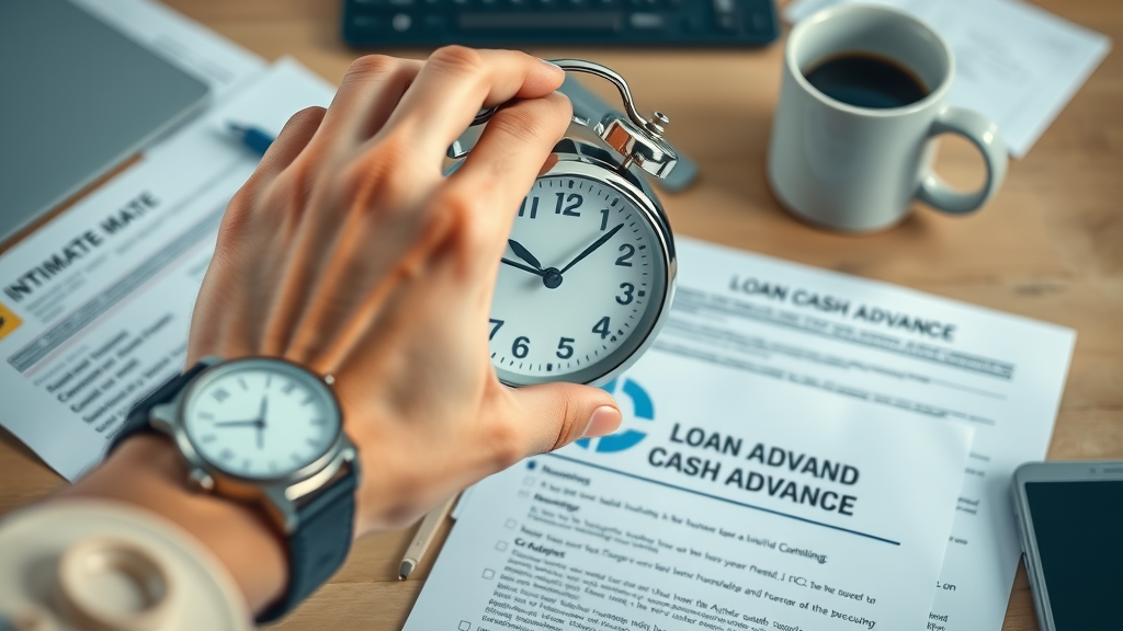 Modern clock and business paperwork, funding speed for merchant cash advance vs business loan