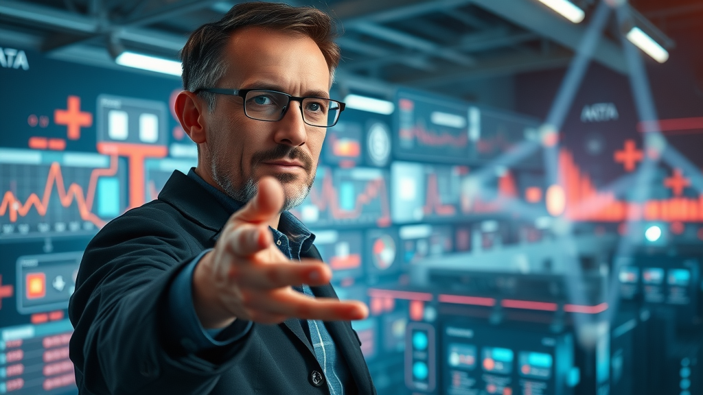 Futurist gesturing at holographic digital marketing trends including AI, automation, and advanced analytics