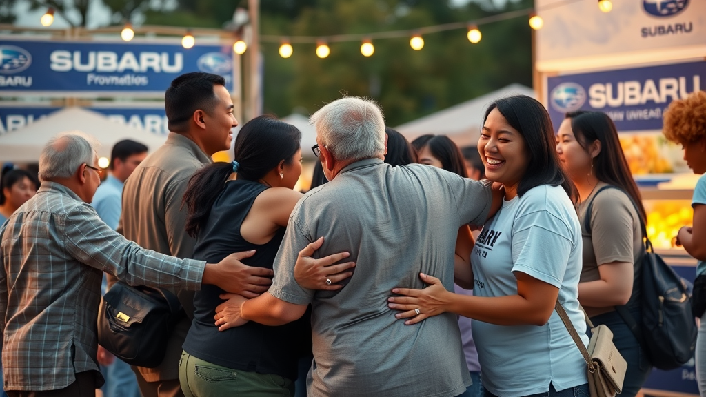 Diverse community group celebrating together at Subaru-sponsored festival, symbolic of Subaru Love Promise community commitment