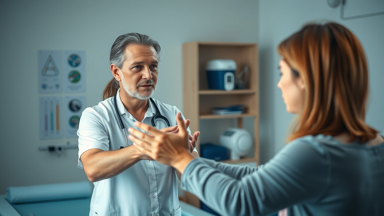 Physical Therapy Calgary physiotherapist explaining pain relief exercises with patient, modern therapy room, Calgary