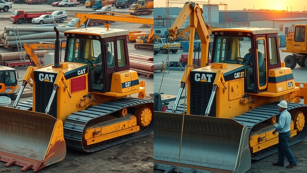 Side-by-side new and used construction equipment (bulldozers) for heavy equipment financing comparison, vibrant colors and busy construction site.