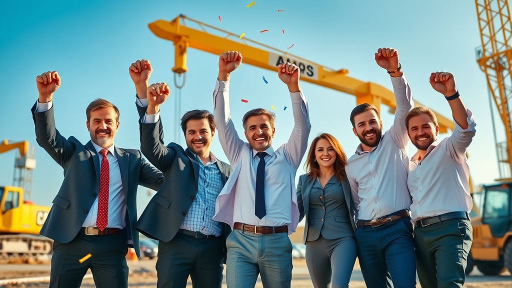 Business team celebrates after new and used heavy equipment financing success, in front of modern construction equipment, showing excitement and teamwork.