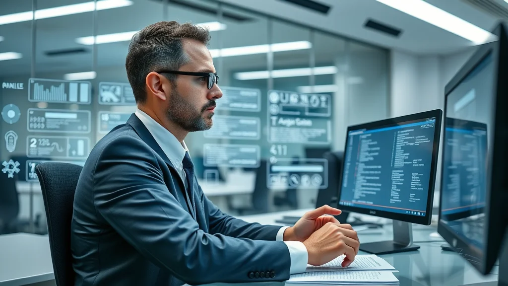 Orderly compliance review of artificial intelligence systems — professional reviews legal documents and code with digital AI icons and regulatory charts.