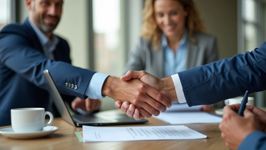 business broker and client shake hands over business sale agreement in conference room
