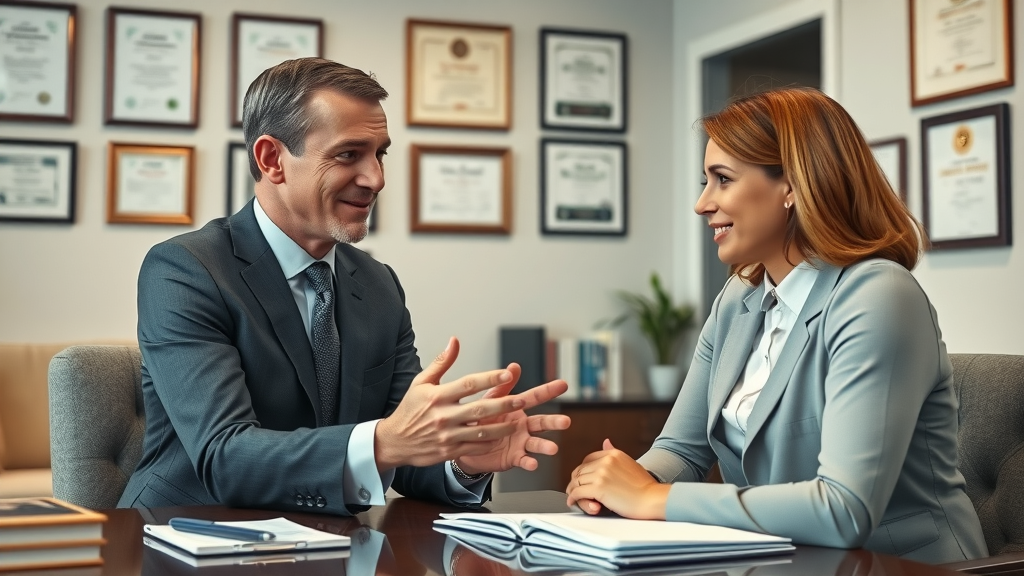 Calm and compassionate divorce mediation attorney Southington CT guiding a couple in a comfortable office setting, professional law environment