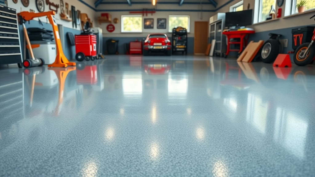 Sleek garage with freshly applied epoxy floor, glossy and reflective surface, capturing vibrant colors