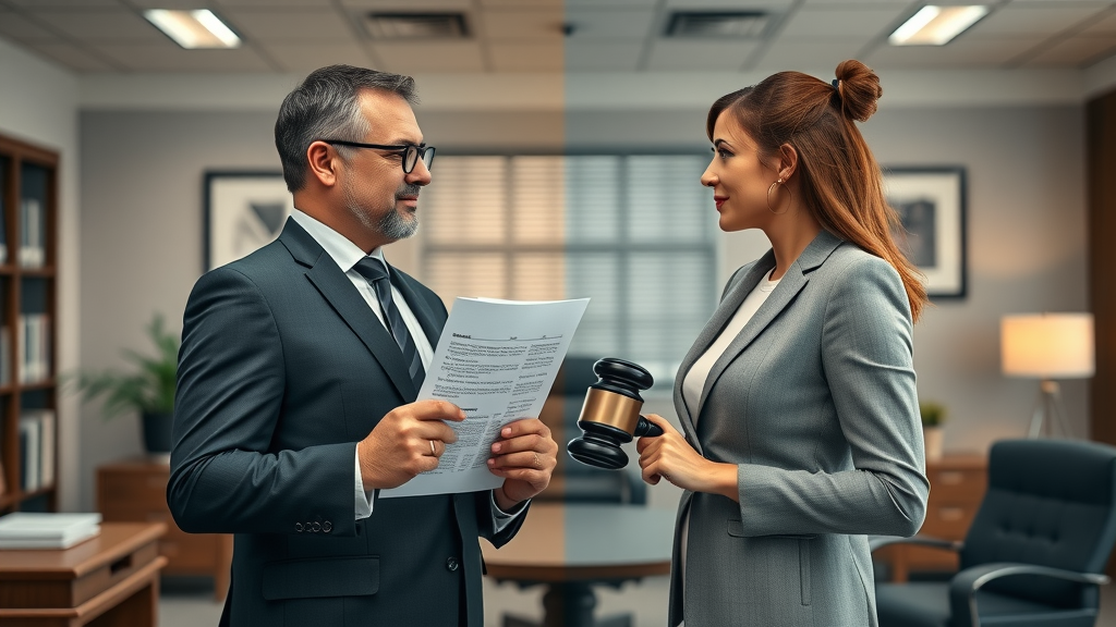 Divorce mediation attorney Hamden CT holding mediation documents standing opposite a divorce lawyer with gavel in a split-styled law office.