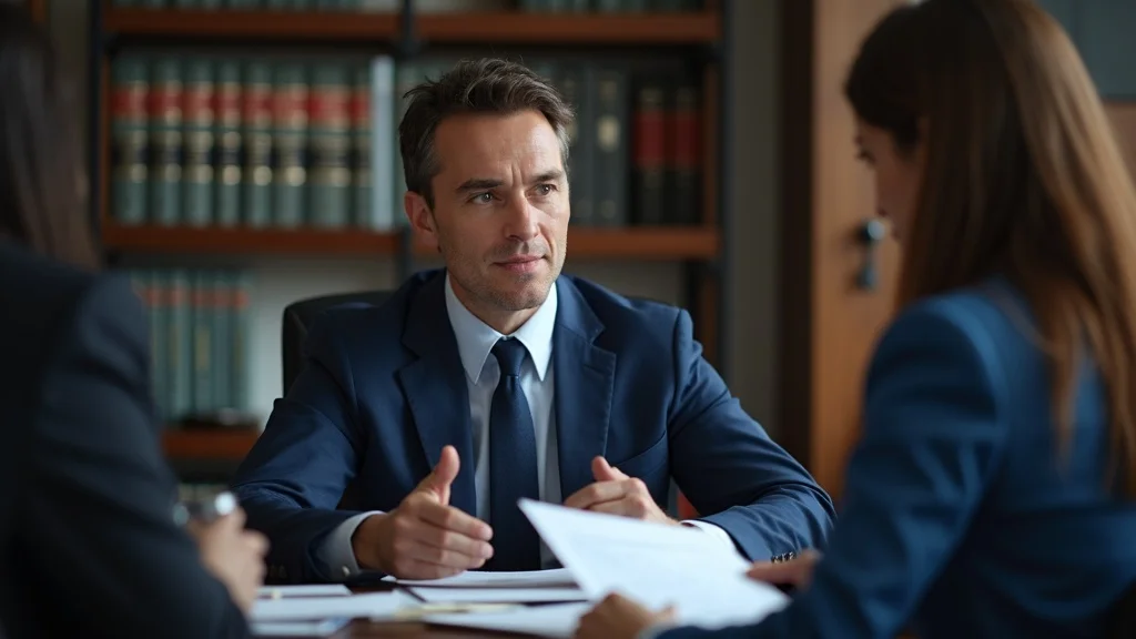 Focused immigration attorney explains paperwork to client for deportation defense, in a legal office with case files, photorealistic, natural skin tones.