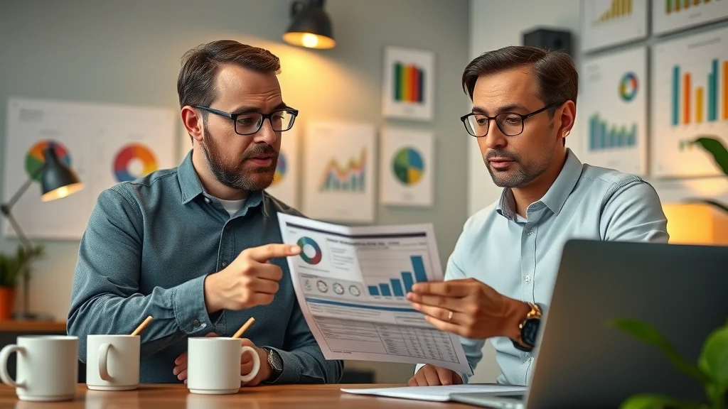 Two small business owners discussing payroll tax pitfalls and outcomes over financial documents and graphs