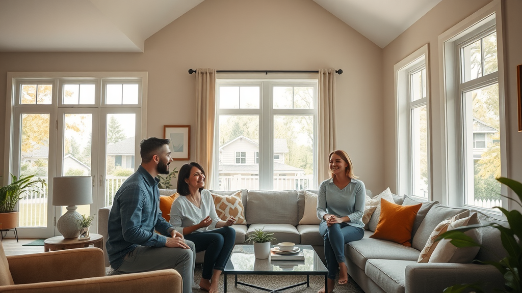 inviting living room interior st. paul home freshly painted walls cheerful homeowners admiring paintwork warm muted earth tones mid-century modern decor sunlight streaming windows residential painting st. paul