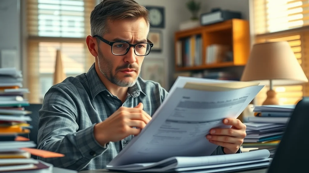 Stressed small business owner searching for documents in a home office during business tax season