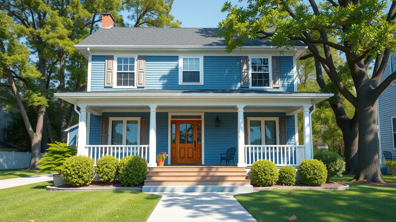 Before and after of St. Paul colonial home. Freshly painted vibrant exterior by professional painters St. Paul Minnesota, showing peeling paint transformed to stunning finish, classic neighborhood, daytime.