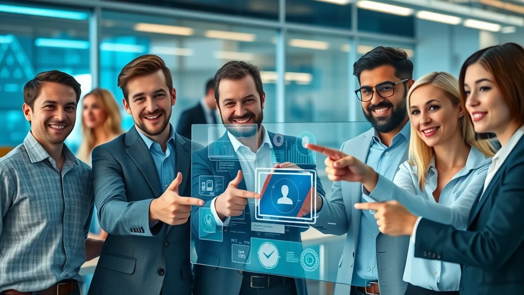 Small business team brainstorming with AI marketing tools and digital branding interfaces