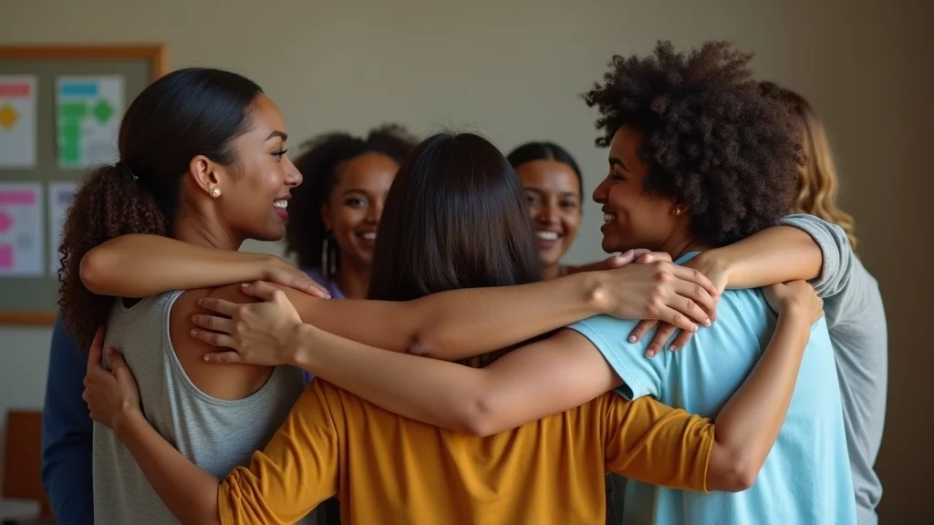 Supportive community group comforts each other during deportation defense, photorealistic with diverse participants, warm lighting, emotional connection.