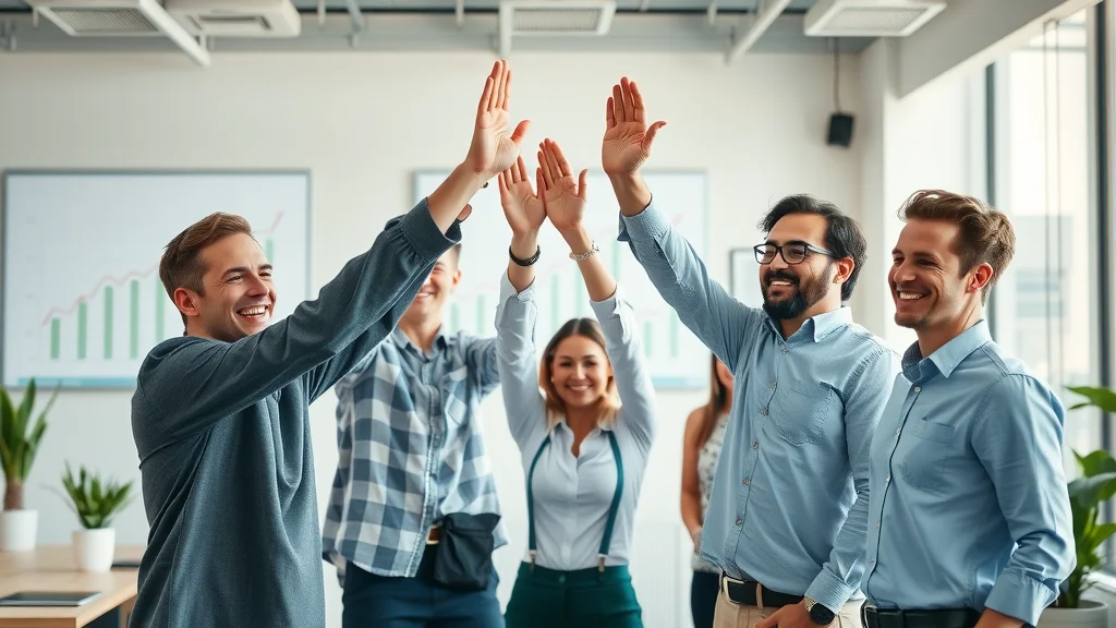Small business team celebrating efficiency gains and fewer accounting errors, symbolic of success with holistic accounting and business systems.