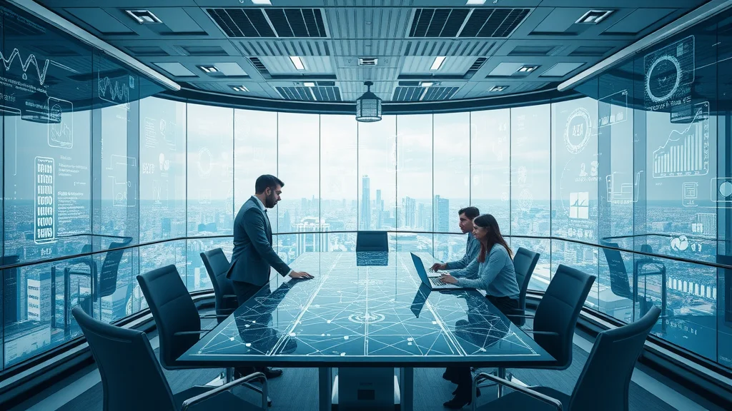 Futuristic AI ecosystem showing interconnected screens and professionals collaborating in a high-tech office