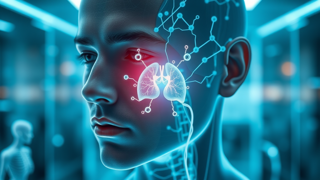Futuristic diagram showing adaptogenic pathways regulated by holy basil for cortisol reduction and stress relief