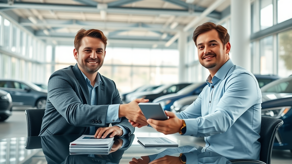 Modern car dealership interior featuring customer and sales consultant discussing leasing vs. financing options in a bright, spacious setting