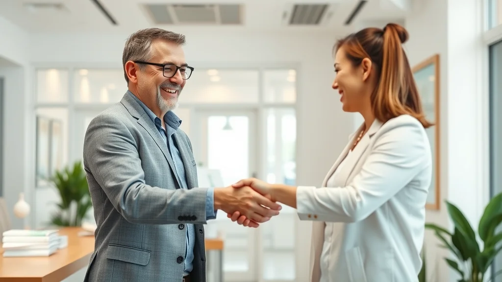 Chiropractor and happy client shaking hands at Sacramento clinic, showing positive patient outcomes in integrated chiropractic and massage therapy setting