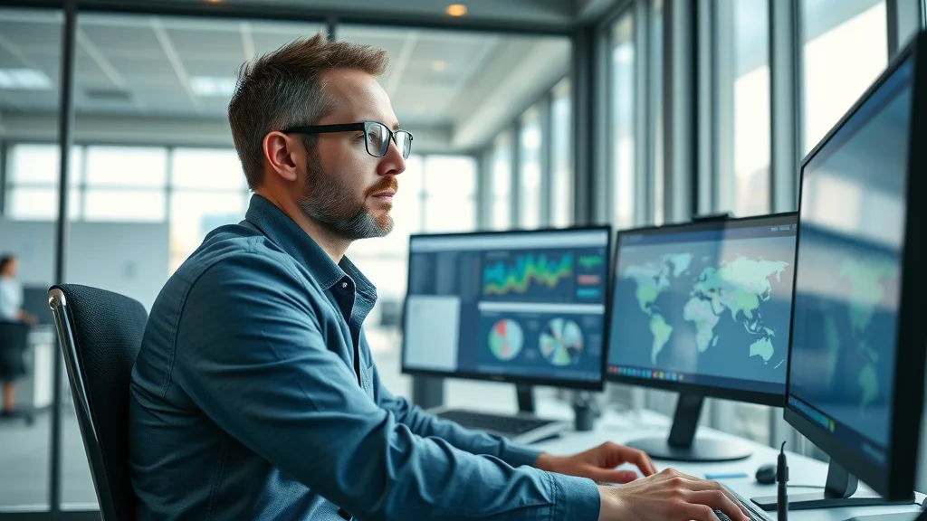 Modern trucking office scene with logistics manager analyzing fleet management software on multiple screens