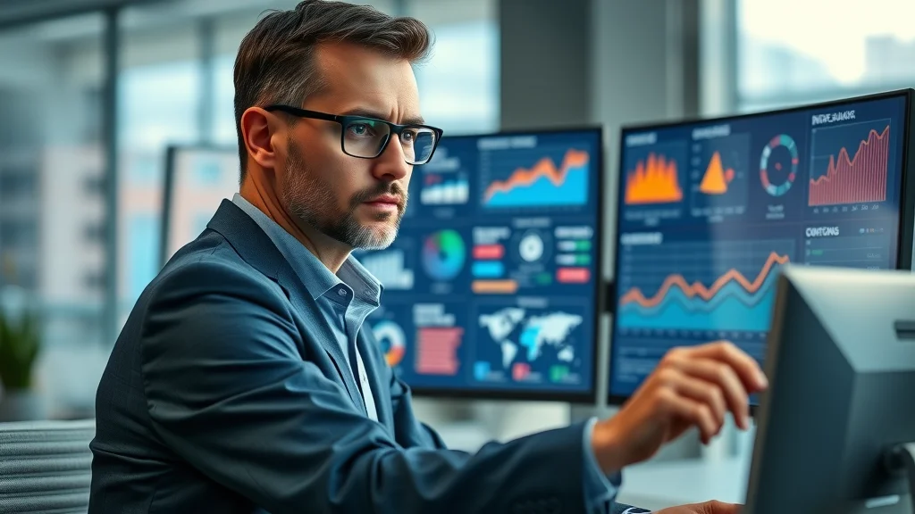 Professional reviewing AI risk metrics on digital dashboard, dual monitors, modern office. AI risk management and compliance.