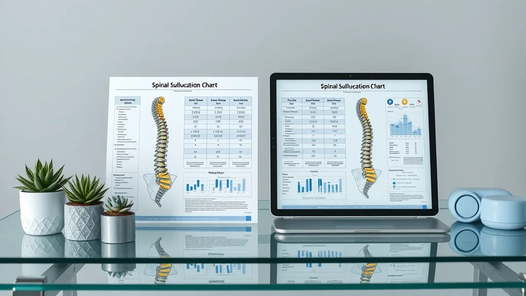Contemporary, side-by-side display of physical and digital spinal subluxation charts — Tech-forward, analytical, styled as Photorealistic set on a clear glass desk with a tablet and printed chart, featuring small decorative plants and soft tech accessories, rendered with sharp edges, smooth glass and device reflections, ultra high-resolution, emphasized with a cool gray and blue color scheme, under even natural daylight, captured as if shot with a 24mm lens for a wide perspective.
