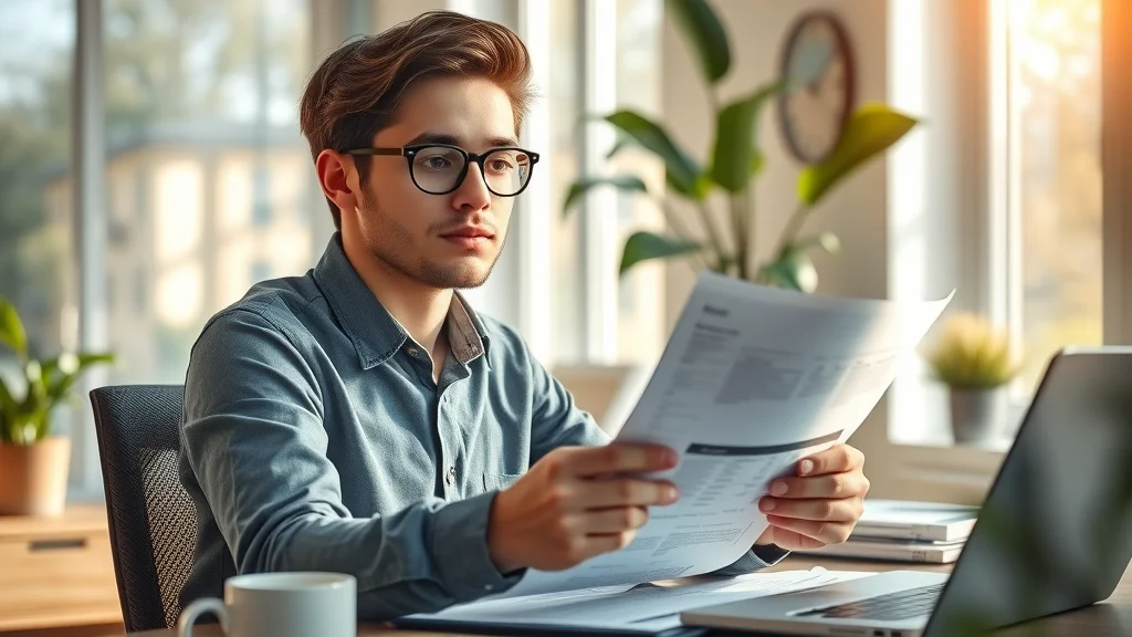 tax confidence: A reassured young professional reviewing tax documents at a tidy desk with organized paperwork and a laptop in a bright, modern office.