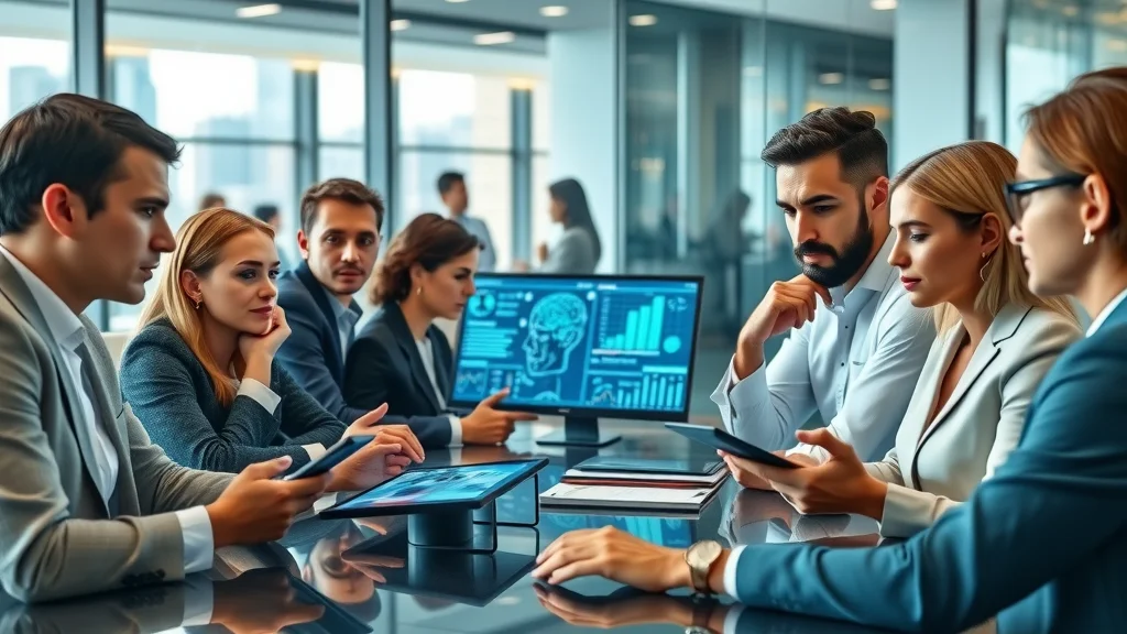 Dynamic boardroom discussion on artificial intelligence — mixed-gender, diverse executives collaborate thoughtfully over digital tablets with AI-related visualizations, modern office cityscape, glass walls, smart screens.