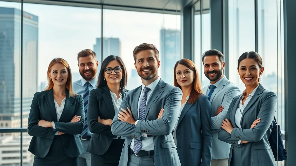 Modern cityscape showing professional services firms with confident business professionals leading AI integration in sleek office, dynamic data overlay, bright daylight.