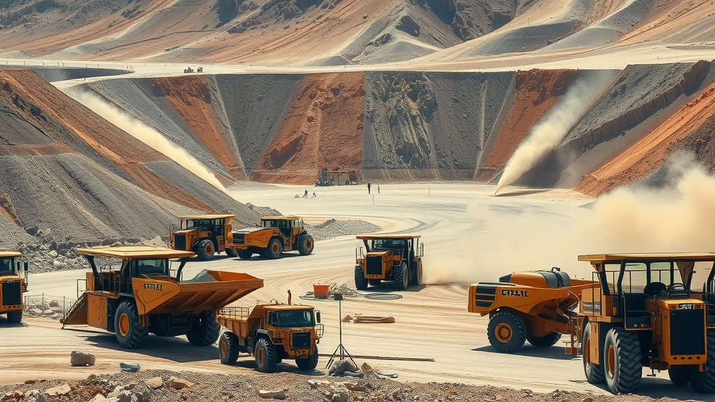 Modern mining site with diverse aggregate equipment leasing options and machinery in operation, expansive quarry and machinery in a rugged outdoor background, sharp focus, vibrant earth tones, natural sunlight.