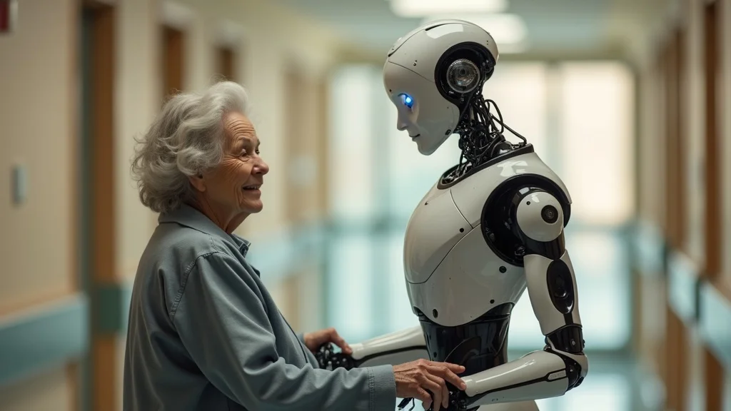 Human machine collaboration AI robot assisting elderly person walking in a hospital corridor with compassionate interaction