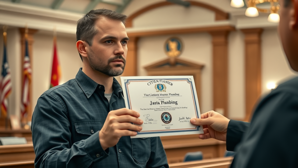 skilled master plumber receiving a license certificate at city hall