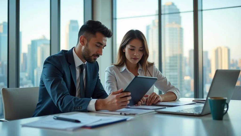 Professional CPA firm team collaborating on email marketing for cpa firms in a bright modern office, reviewing data together, friendly expressions, city view