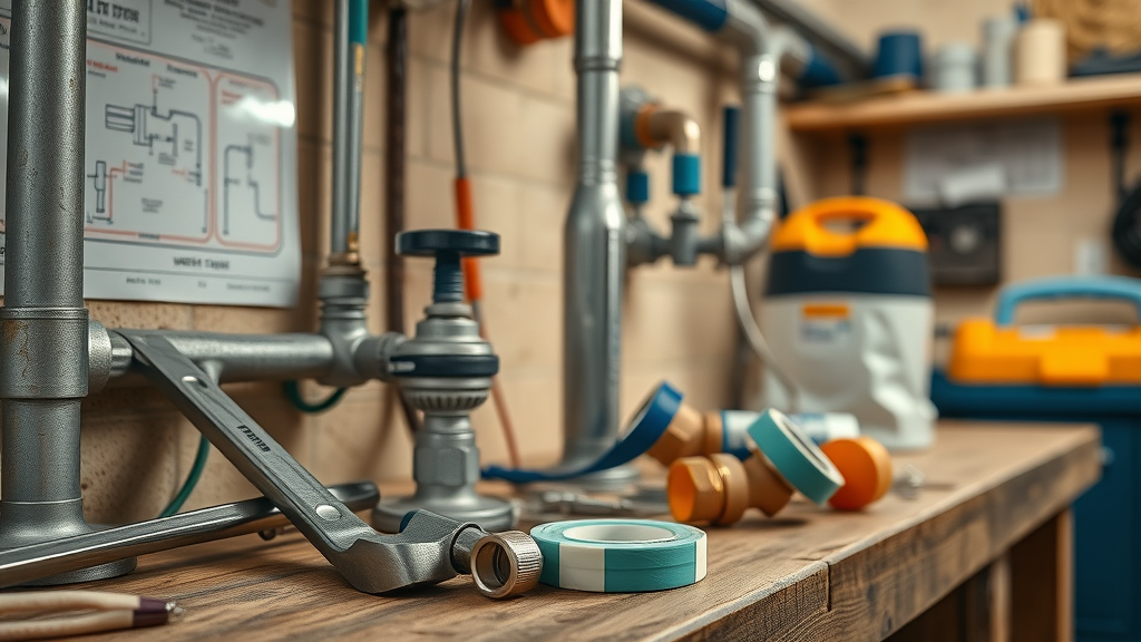 home plumbing system showing maintenance tools and supplies.