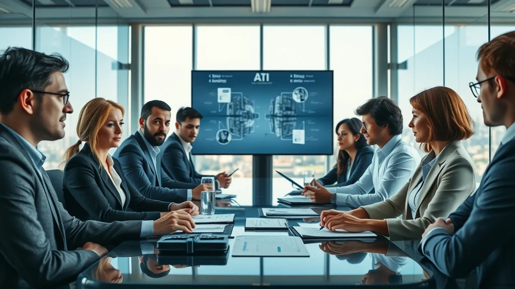 Diverse professionals discussing ethical AI governance in a modern boardroom, glass wall view, city skyline, digital displays. Ethical AI governance compliance.