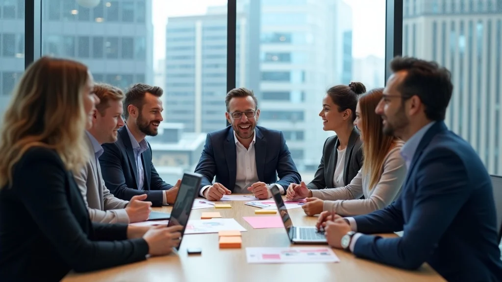 CPA branding team discussing media strategy in glass conference room, branding boards and city view.