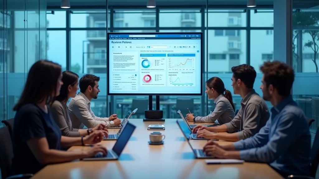 Diverse accounting team monitoring online customer reviews across major platforms, reputation management, modern office.