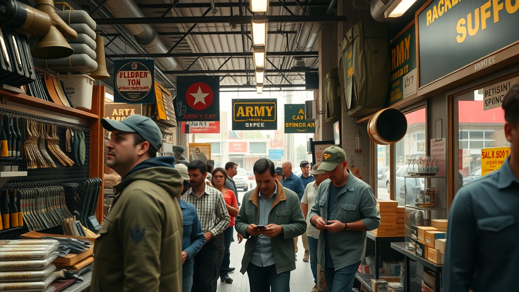 Bustling army surplus store with a lively atmosphere, where customers are actively engaged in exploring items.