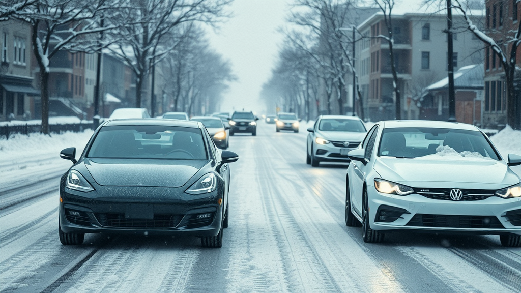 Snowy Cincinnati street with cars navigating winter conditions, confident drivers, and visible tire tracks, emphasizing winter driving in Cincinnati safety
