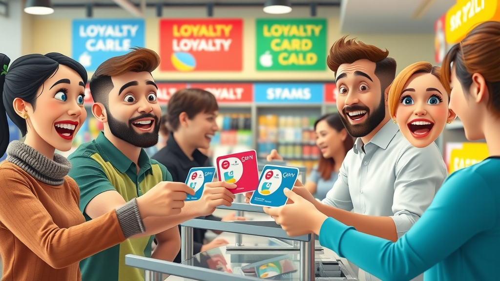 Cheerful customers redeeming loyalty cards for special offers, smiling cashier, vibrant store background