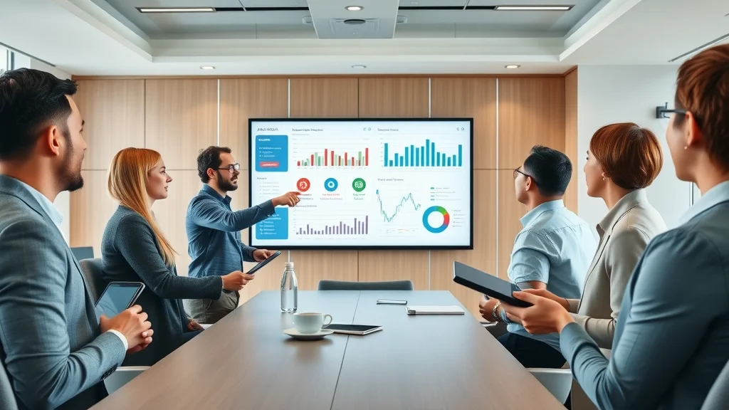 Professional training session — group viewing AI dashboards and process charts to learn service automation