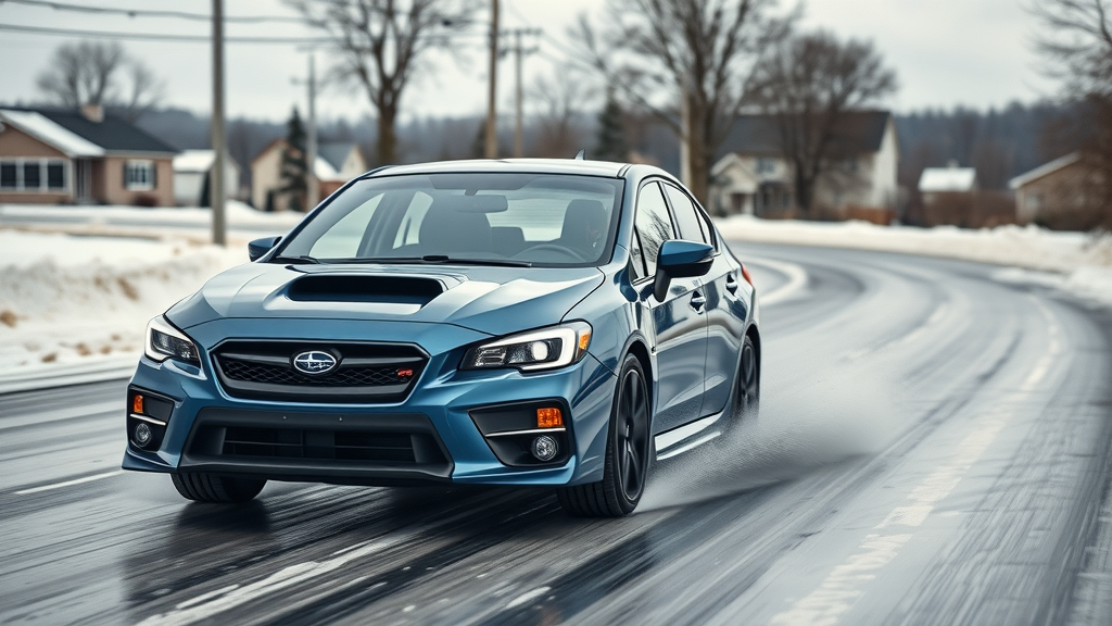 Subaru vehicle driving safely over icy Cincinnati roads, confident driver, sharp icy road conditions, highlighting Subaru's winter driving capabilities