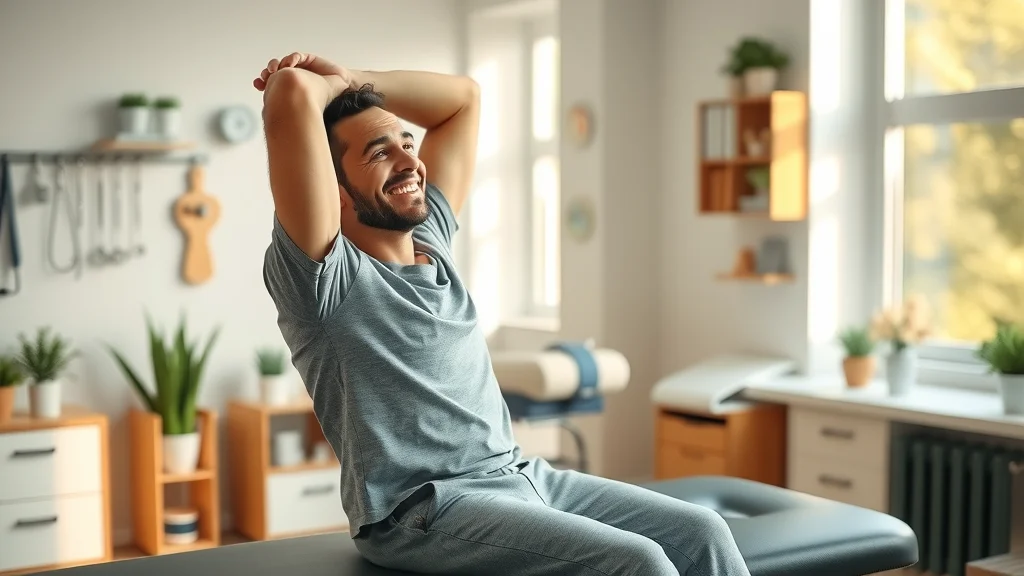 Relieved Sacramento patient smiling after chiropractic session, sitting up from the table and stretching in a clean, softly lit treatment room