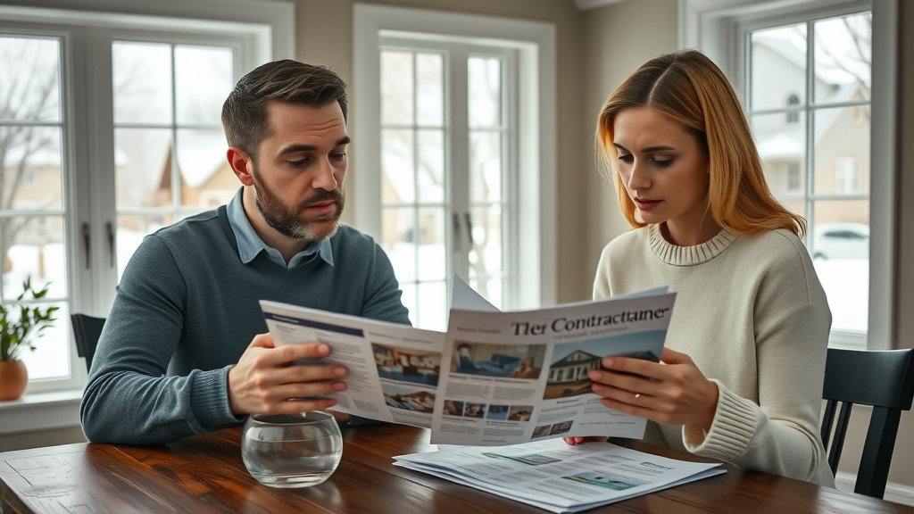 Minneapolis homeowners reviewing painting contractor brochures in a cozy home, considering home painters Minneapolis options