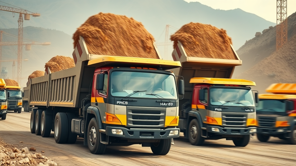 Dynamic modern dump trucks in action at a large construction site, conveying urgency and progress, dump truck equipment financing, bustling construction zone, wide-angle motion blur trucks tipping loads