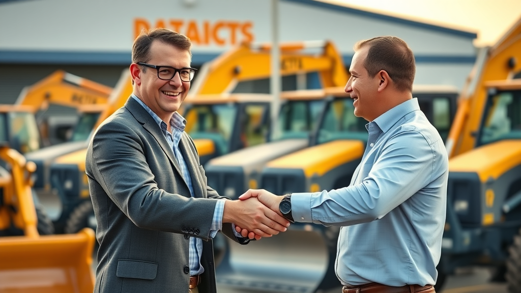 Business owner and lender shaking hands in front of new and used heavy equipment financing lineup, dealership lot, smiling, closing an equipment loan deal.