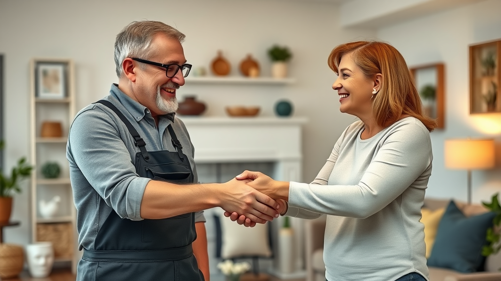 Satisfied homeowners shaking hands with handyman in a cozy living room